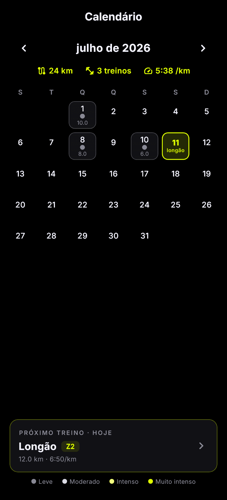 Tela de calendário do 321VAI mostrando os treinos de julho, o volume da semana e o próximo treino do dia.