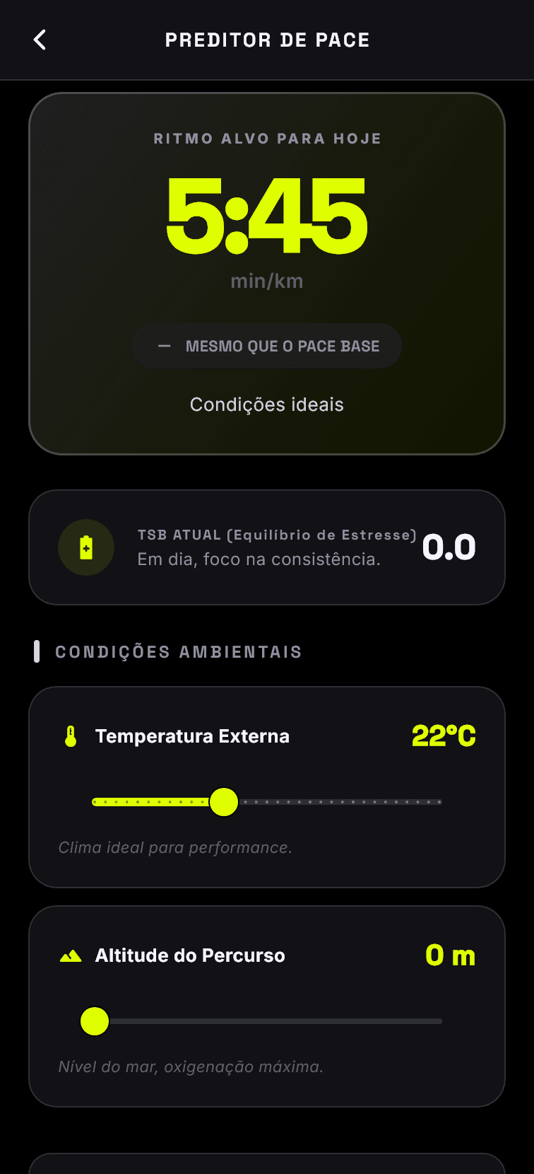 Tela do 321VAI com o preditor de pace: ritmo alvo de 5:45 min/km para o treino de hoje, TSB atual e condições ambientais como temperatura e altitude do percurso.